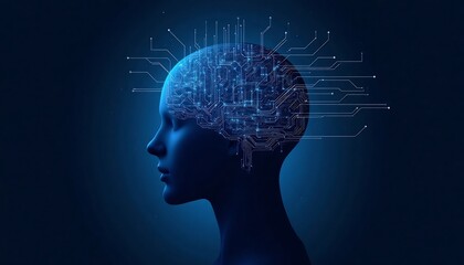 Digital Brain:  A symbolic representation of the human brain, illuminated with interconnected circuits,  merges seamlessly with a serene, futuristic portrait against a backdrop of cool blue.