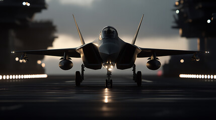 Fototapeta premium Modern military jet aircraft on an aircraft carrier, poised for takeoff, a symbol of advanced technology and strategic air power.