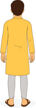 Back View of Indian Man in Traditional Yellow Kurta &ndash; Character Illustration.  Back View of Indian Man Character. Indian Man Cartoon Character. Indian Man Vector Character. 