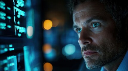 A man in a suit looking at a computer screen in a dark room with a blue and orange light.
