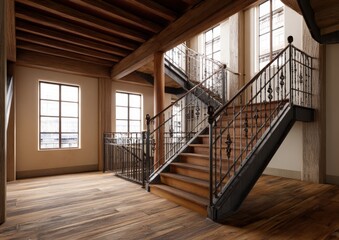 Elegant wooden staircase with iron railings in a sunlit room, showcasing a blend of rustic charm and modern style.