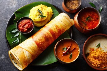 Popular South Indian breakfast of ghee roasted dosa with coconut chutney and sambar featuring a top view of stuffed masala dosa with potato curry