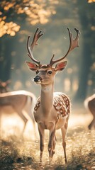 Fototapeta premium Fallow Deer Buck Portrait with Antlers in Golden Light on a Forest Background