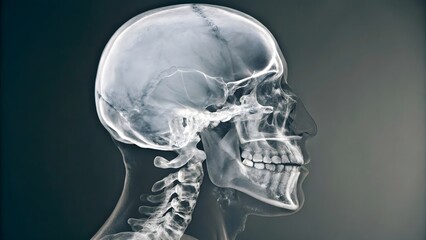 X-ray side view of human skull and cervical spine on dark background. Medical diagnostics and anatomy concept for design and print