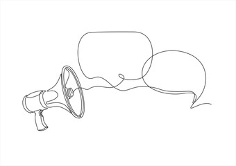 Continuous line one drawing of Speech bubble with megaphone. Vector illustration on white isolated background. Bullhorn speaker business concept. Editable stroke. 