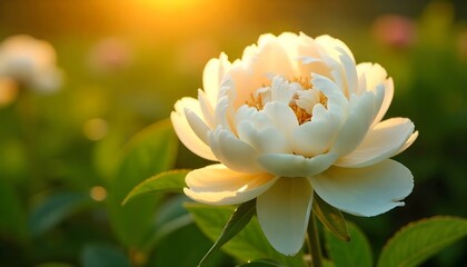 close up of white peonies and leaves
