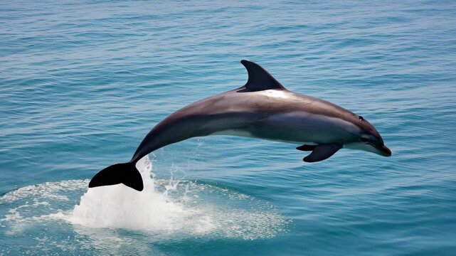 leaping dolphin moment breaking water under midday sun, leaping dolphin moment jumping through ocean spray with water droplets, leaping dolphin moment midair with bright ocean background