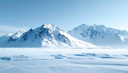 emote snow-cloaked mountains towering over icy plains, sunlight catching on jagged edges, frozen silence stretching to the horizon