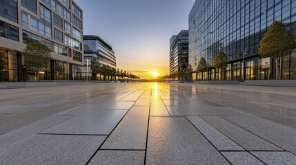 Fototapeta premium Empty plaza, sunrise cityscape, geometric urban design, modern buildings - design pattern texture seamless