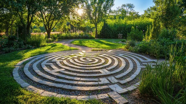 Outdoor healing garden with labyrinth walking path