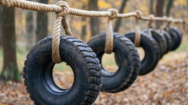 Outdoor obstacle course training with tires and ropes