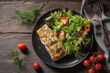 Present a close up of baked pike fillet and fresh salad on a plate atop a wooden table from a horizontal overhead perspective