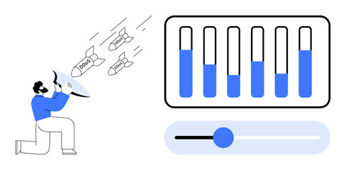 Person holding shield blocking digital attacks symbolized as bombs, with security sliders adjusting levels. Ideal for cybersecurity, defense, data protection, risk management, privacy strategies