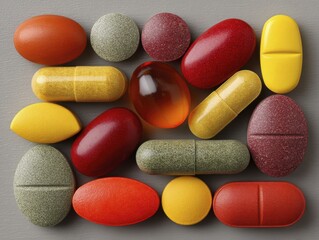 Various shapes and sizes of dietary pills, showcasing different supplement types Clean, bright image - medicine health pharmaceutical different bodybuilding