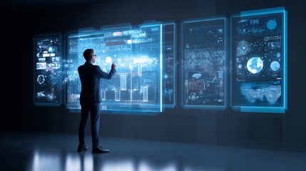 Businessman analyzing digital strategy on futuristic transparent screens in dark room with tech glow 