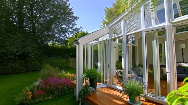 Beautiful conservatory extension with lush garden and sunlight on a bright day