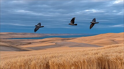 Three Birds Soaring Over Golden Wheat Field.