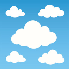Set of white cloud icons on a blue background. Cloud shapes vary in size and form. Simple cloud design for weather or sky themes. Cloud icons in a grid layout. Weather illustration, vector set.
