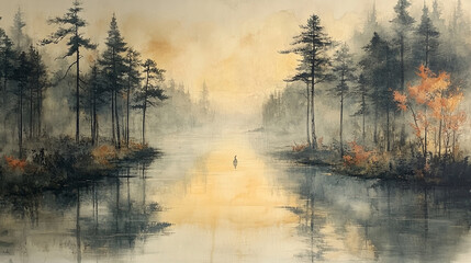 Early in the morning, a rabbit in nature in a quiet forest