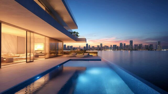 Modern architecture featuring an infinity pool overlooking a skyline at twilight, lounge chairs, luxury residential building, and water.