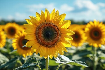 Fototapeta premium Vibrant field of young sunflowers blooming under a clear blue sky on a sunny day
