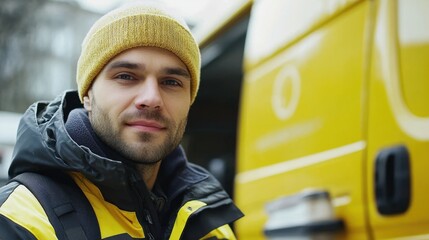 Fototapeta premium A young man in a yellow and black jacket and hat, standing in front of a yellow delivery van with the logo of a delivery service on it.