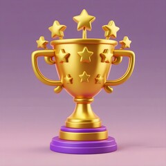 Fototapeta premium A vibrant 3D illustration of a golden trophy cup adorned with yellow stars on a purple background.