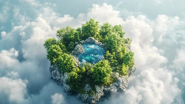 Floating island with vibrant green trees, a tranquil water pond, set amidst soft fluffy clouds in a sky-high dreamscape, creating a serene fantasy.