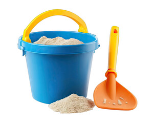 A vibrant blue bucket filled with sand sits next to a bright orange scoop. set against a clean white background. ideal for summer beach activities or childrens playtime