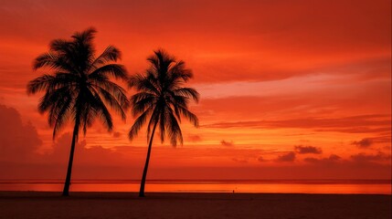 Kenyan beach at sunset with deep red clouds behind palm silhouettes, golden sand and still air