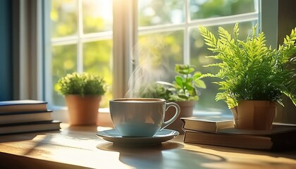 Steaming beverage cup on wooden table with potted plants and books by sunlit window.