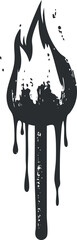 Black grunge style illustration of a burning matchstick with dripping paint effect on white background