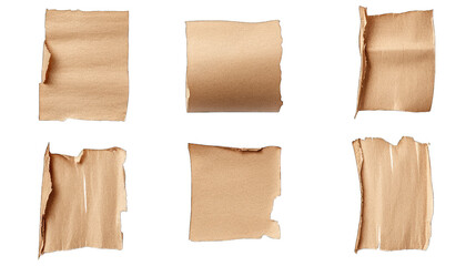 A collection of six textured. crumpled pieces of brown paper arranged in a grid. showcasing varying degrees of wear. ideal for backgrounds in design projects or artistic compositions
