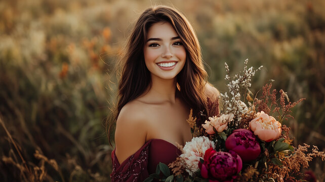 Portrait of a beautiful young woman wearing a wine-colored dress holding a bouquet of peonies.