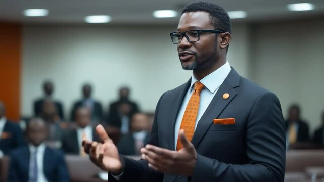 A distinguished speaker, brimming with eloquence and passion, captivates his audience in a boardroom setting, using expressive gestures to convey his message. 