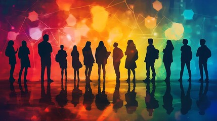 Group of People Silhouettes Standing Together Against a Colorful Background