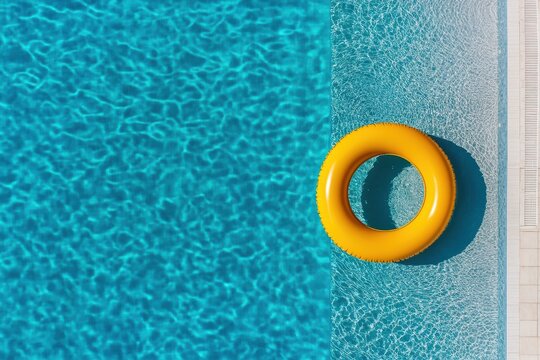 Bright yellow pool float resting on the edge of a clear blue swimming pool
