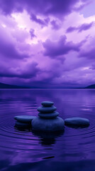 Minimalist zen stones floating on calm water with soft reflections and muted natural colors. Clean composition that evokes peace and stillness, Created with generated AI.