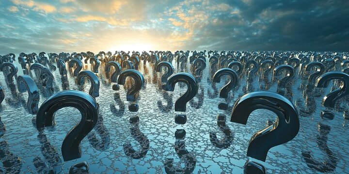 Metallic question marks covering ground with cloudy sky and sunlight.