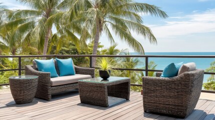 Fototapeta premium Thai coastal terrace with rattan furniture, coconut palm grove and distant blue ocean horizon