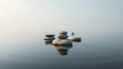 Minimalist zen stones floating on calm water with soft reflections and muted natural colors. Clean composition that evokes peace and stillness, Created with generated AI.