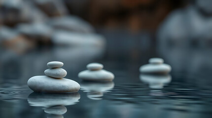 Minimalist zen stones floating on calm water with soft reflections and muted natural colors. Clean composition that evokes peace and stillness, Created with generated AI.