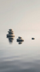 Minimalist zen stones floating on calm water with soft reflections and muted natural colors. Clean composition that evokes peace and stillness, Created with generated AI.