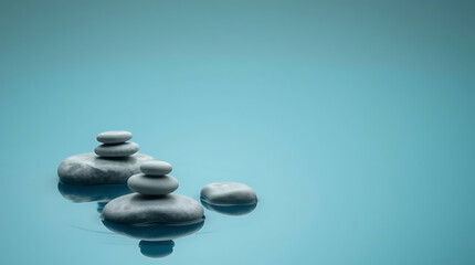Minimalist zen stones floating on calm water with soft reflections and muted natural colors. Clean composition that evokes peace and stillness, Created with generated AI.