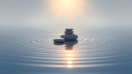 Minimalist zen stones floating on calm water with soft reflections and muted natural colors. Clean composition that evokes peace and stillness, Created with generated AI.