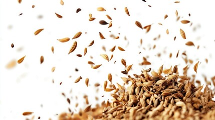 Caraway and cumin seeds dynamically tossed in air, isolated composition on white