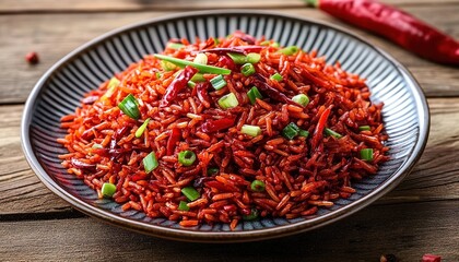 Red rice with green onions on wooden table, surrounded by chili, cilantro, and garlic.