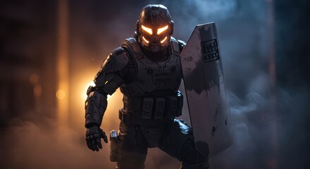 Fototapeta premium Futuristic Soldier with Shield and Glowing Eyes
