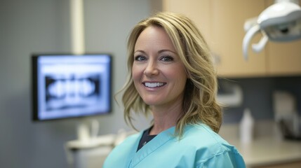 A woman in a blue uniform standing in a dental office with a dental x-ray machine in the background.