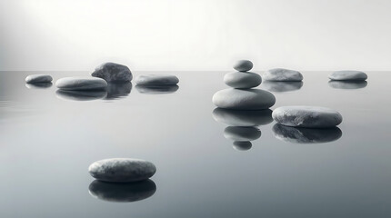 Minimalist zen stones floating on calm water with soft reflections and muted natural colors. Clean composition that evokes peace and stillness, Created with generated AI.
